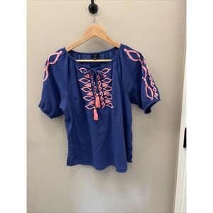 Talbots Petite Embroidered Tassel Tie Neck  Blouse Top Women's P/M Cotton India